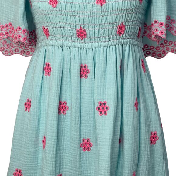 Easel Embroidered Smocked Tie Back Cotton Blue Ruffle Dress Small A Line Boho - Picture 4 of 14